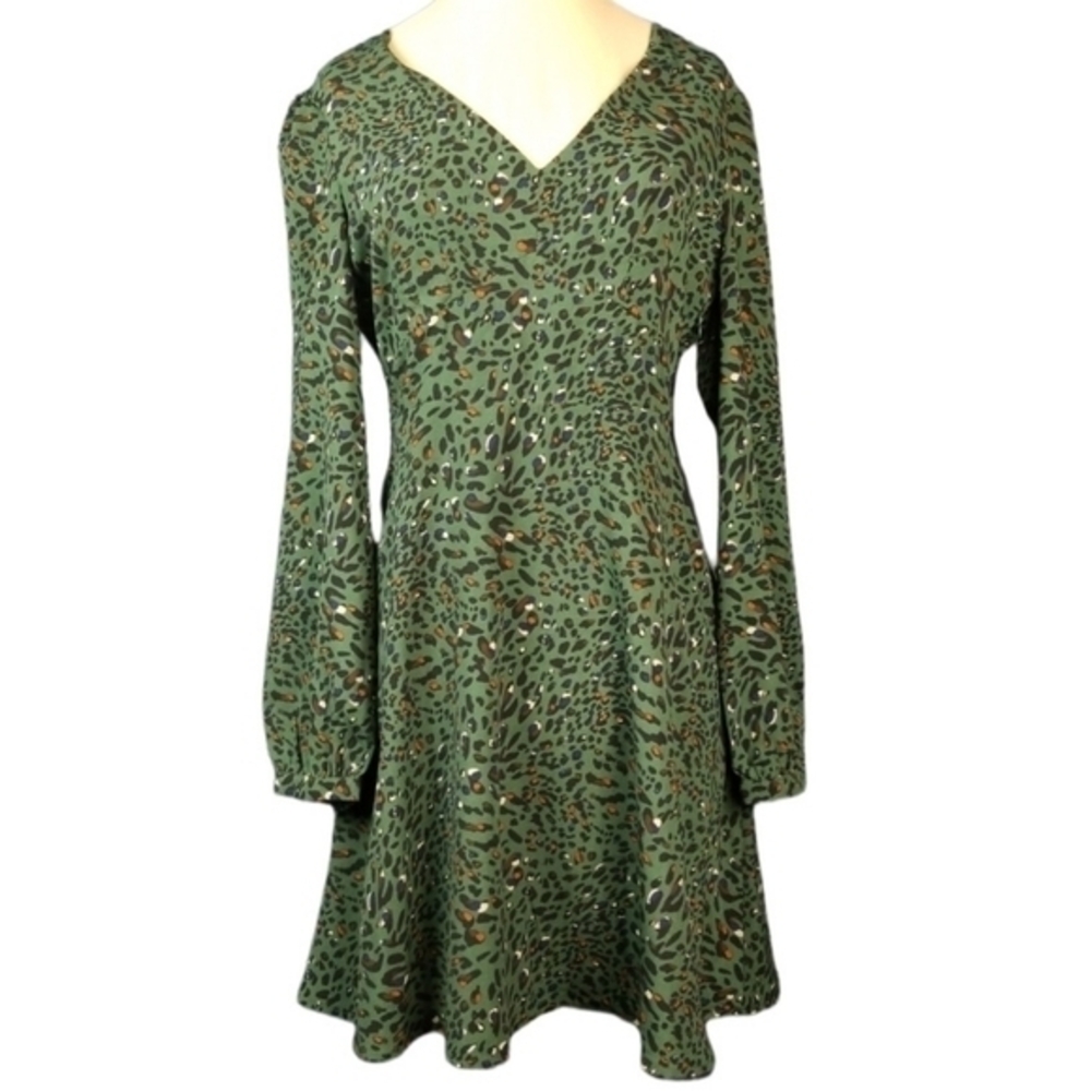 Everly Womens Green Leopard Animal Print Long Sleeve Mini Dress V-Neck Small